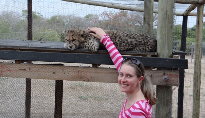 Hluhluwe Big 5 Safari; Claire with Cheetah at Cat rehab