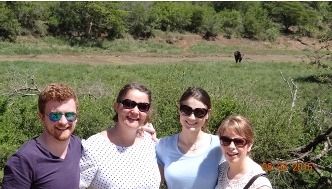 Durban day tour; Ed, Daniela, Sarah and Cathy with the Elephant